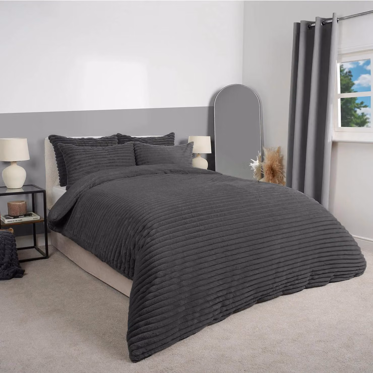 OHS Super King Grey Chunky Teddy Duvet Cover and Pillowcase Set with Reverse Fleece – 3