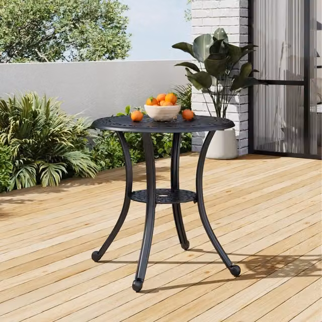 Breeins Double Layer Cast Aluminium Garden Coffee Table in Matt Black, Diameter: 80 cm
