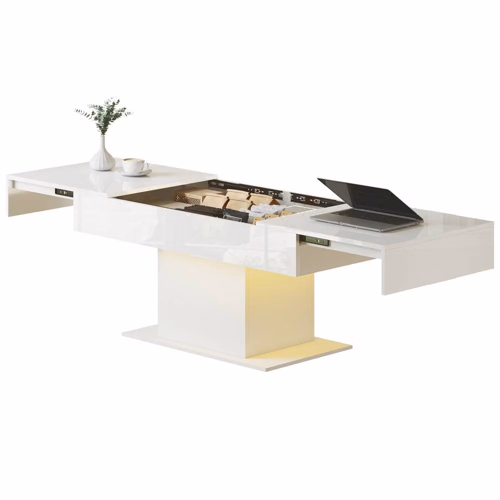 STILVORA Extendable Modern Coffee Table with Storage in White Glossy MDF – 3