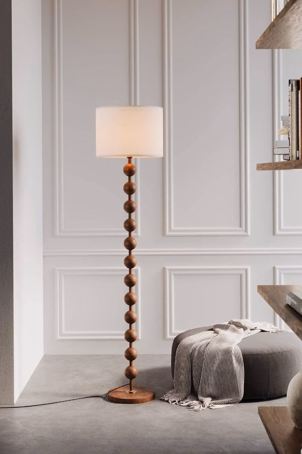 Living and Home Modern Chinese-Inspired Standing Floor Lamp with White Fabric Lampshade and Brown Wood and Metal Base – 2