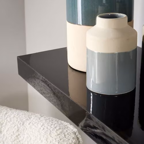 Home Source Pair of 2 Black Gloss Floating Wall Mounted Wooden Storage Shelves, W: 60 cm, D: 23.5 cm, H: 38 cm – 2