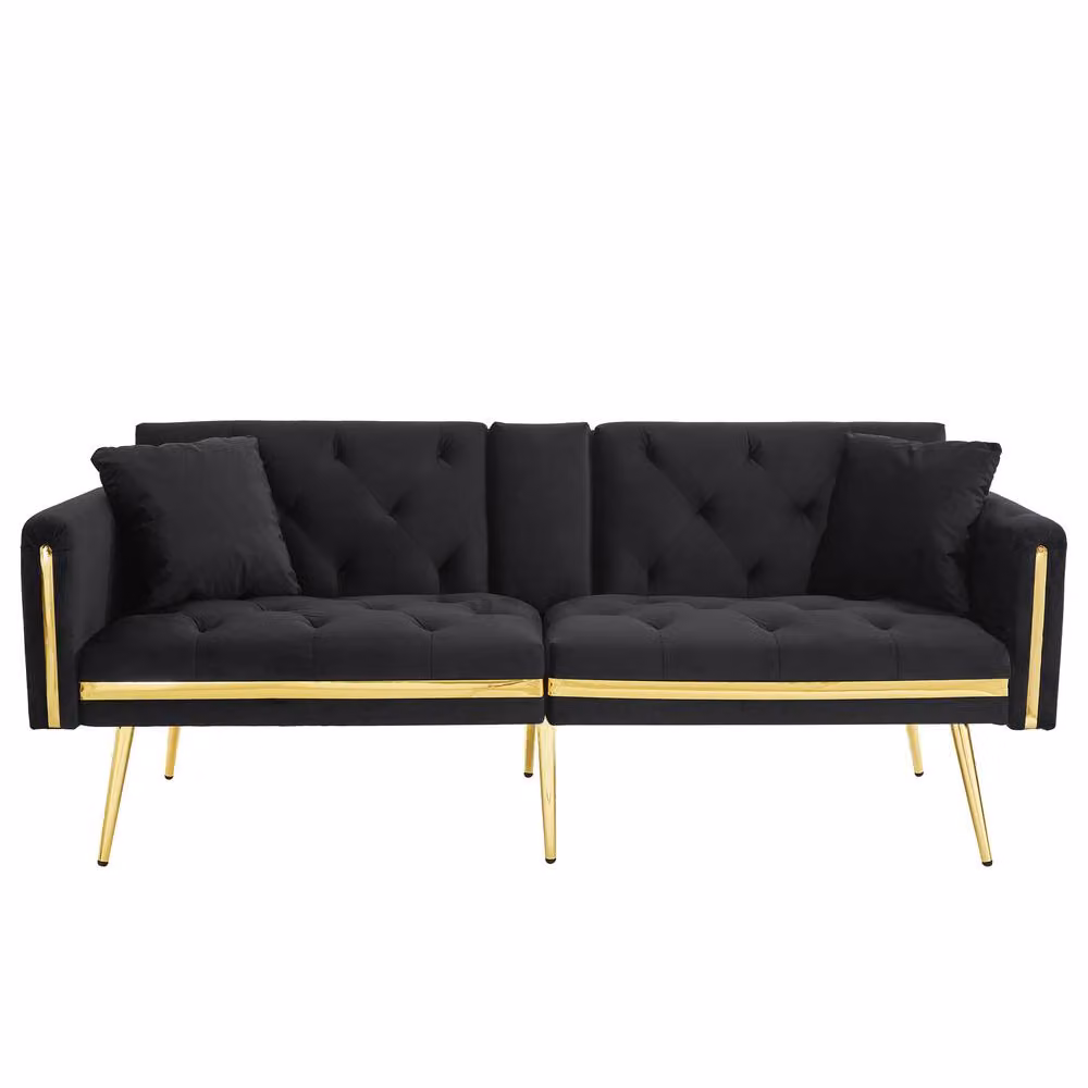 BTM Two Seater Velvet Click Clack Sofa Bed with Adjustable Headrest and Cup Holders in Black and Gold, W/D/H: 174 x 76 x 71.5 cm – 10
