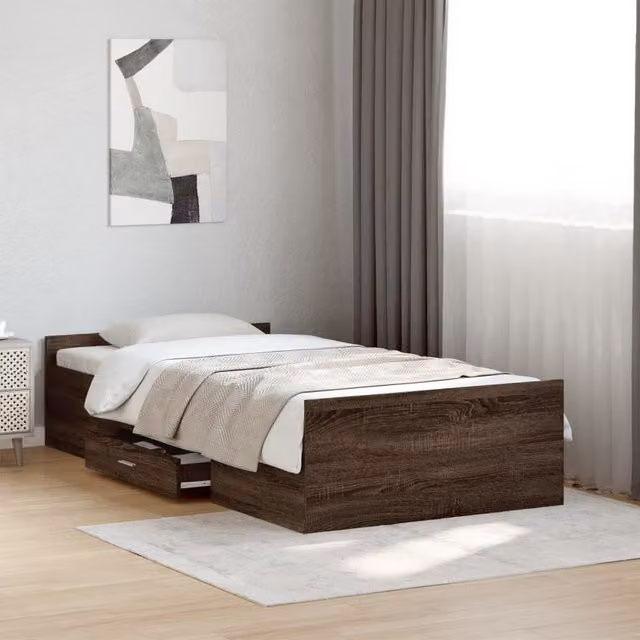 Berkfield Home Small Single Bed Frame with Drawers in Brown Oak, W/D/H: 75 x 190 cm