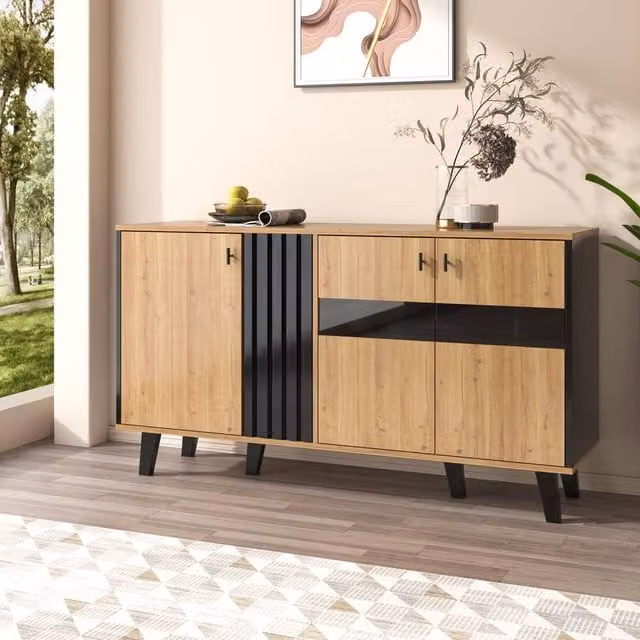 Merax Modern Oak and Black Sideboard Console with Glass Door and Integrated LED Lighting in Natural – 1