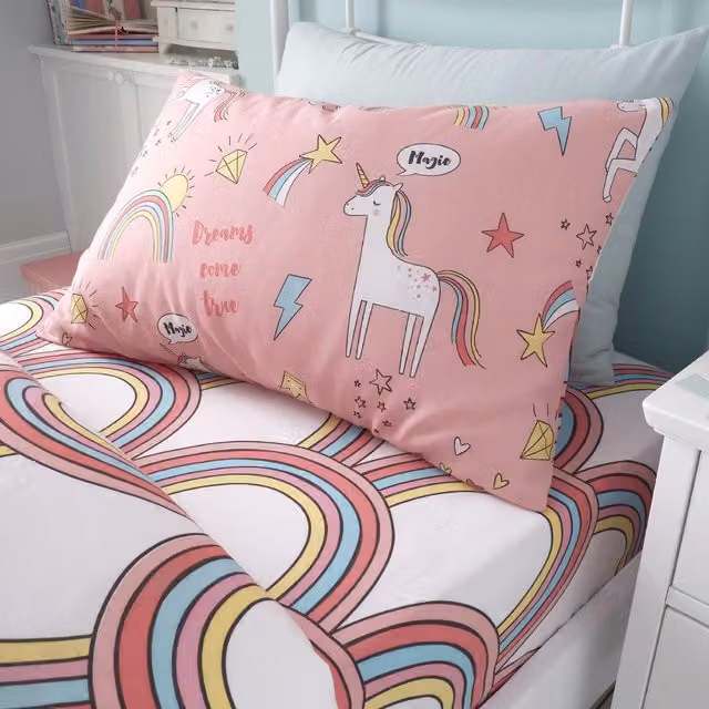 Happy Linen Company Kids Unicorns and Rainbows Pink Fitted Sheet, Toddler Size
