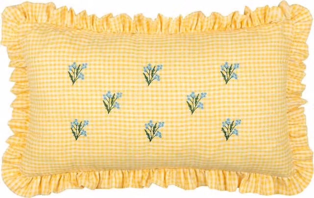 Les Petite Fleurs Yellow Cotton Gingham Ruffle Rectangular Cushion with Feather Filling