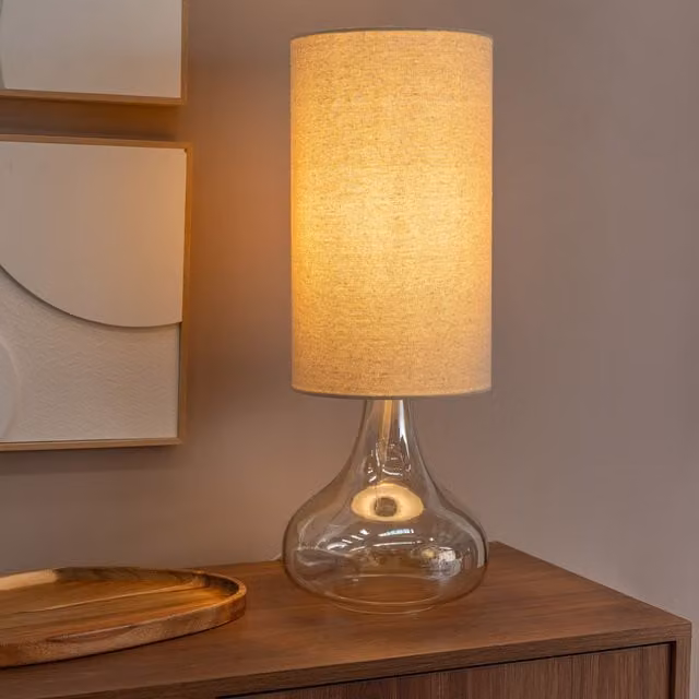 Sylvie Squat Base Glass Table Lamp with Tall Fabric Shade and LED Bulb in Amber