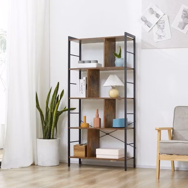 HOMCOM Industrial Freestanding Storage Shelf Bookcase with Metal Frame in Brown and Black