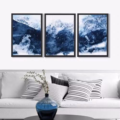 ARTZE Set of 3 Abstract Blue Mountain Landscape Wall Art Paper Posters in Black Frames, W: 45 cm x H: 62 cm x D: 2 cm – 1