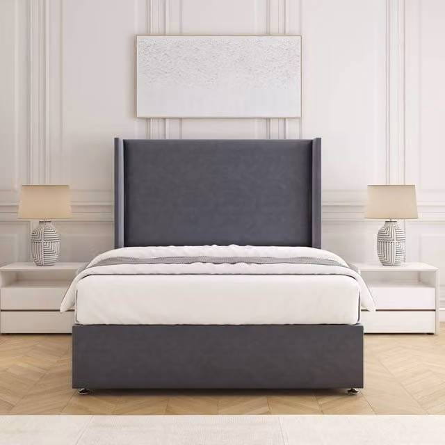 BSSPOKE Austin Double Divan Bed Set with 54 inch Plush Velvet Headboard and Mattress in Charcoal Grey, W/D/H: 140 x 200 cm