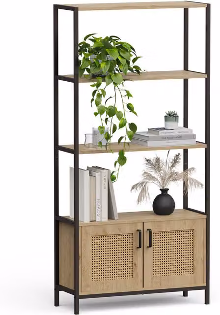 Vonhaus Lena Boho Bookcase with Rattan Effect Design in Beige and Black