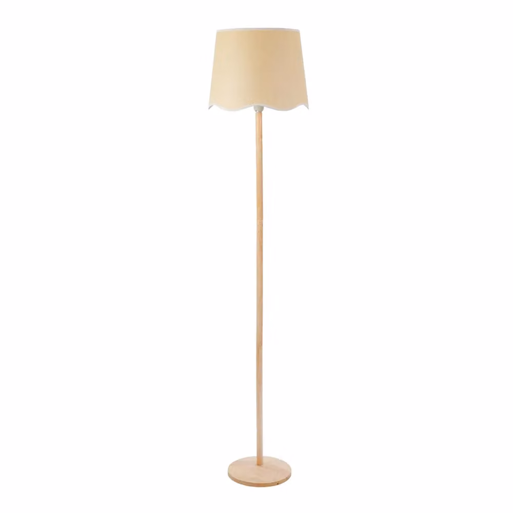 ValueLights Triston Natural Wood Floor Lamp with White Scallop Trim Fabric Shade and LED Bulb – 2