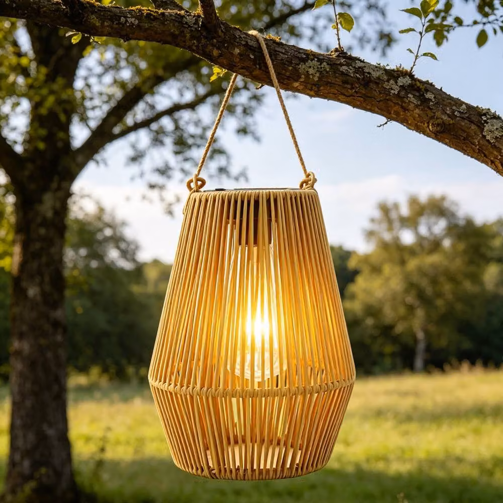 Gr8 Garden Set of 2 Solar LED Rattan Effect Hanging Lanterns in Brown with Warm White Light and Dusk Sensor IP44 – 3