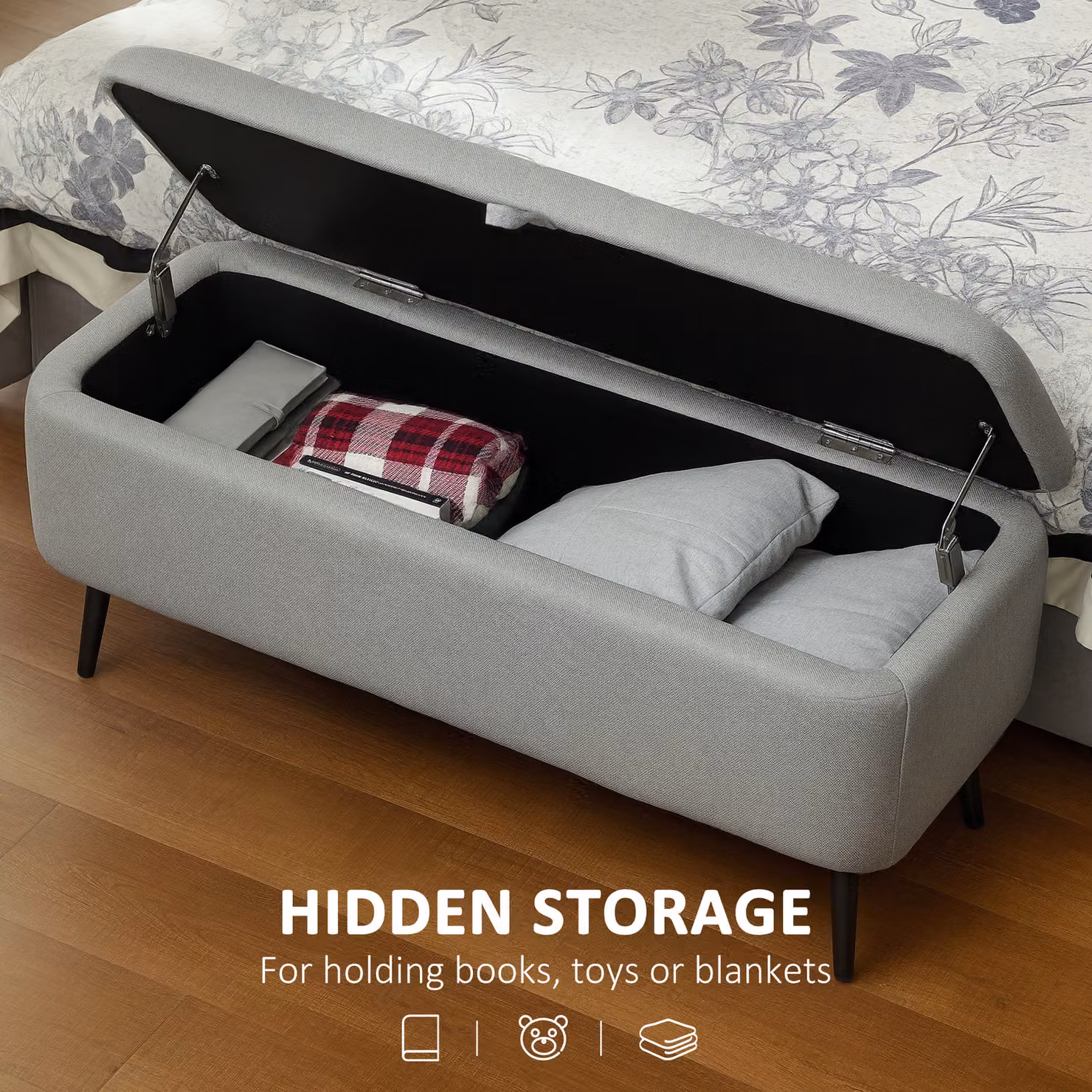 HOMCOM Linen-Look Storage Ottoman in Grey, W: 92 cm, D: 31 cm, H: 31 cm – 4