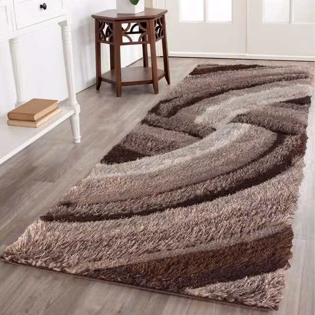 Desire Rugs Modern Soft Swirl Shimmer Shaggy Runner in Bronze and Brown, W: 60 cm, L: 220 cm