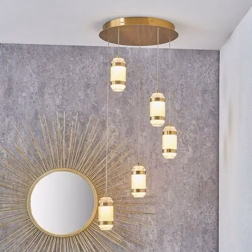 Ruma Gold and White Glass LED Multi Drop Pendant Light