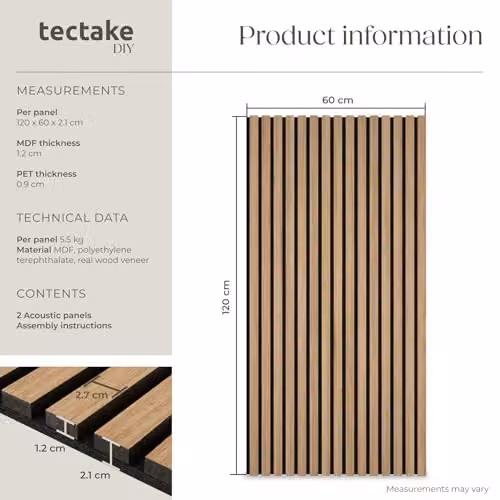 tectake Set of 2 Sound-Absorbing Acoustic Wall Panels with Wood Look and MDF, Brown, W: 120 cm, D: 60 cm, H: 2.1 cm – 5
