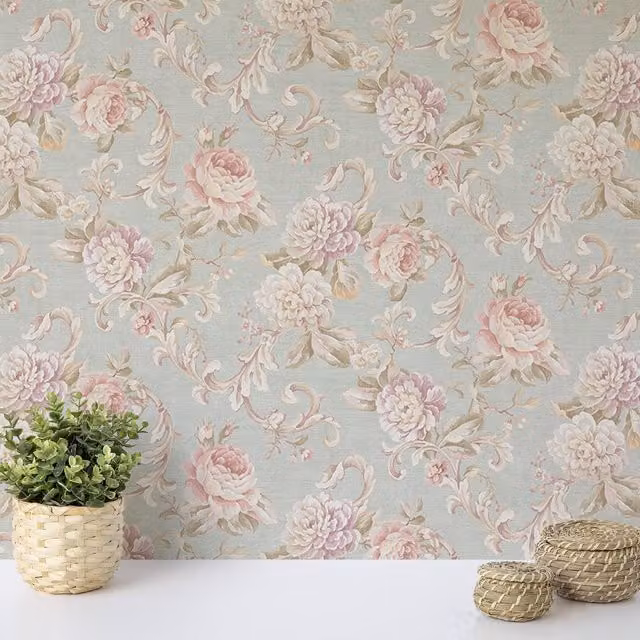 Wallquest Seabrook Delicate Floral Botanical Washable Paper Wallpaper in White, Silver and Blue