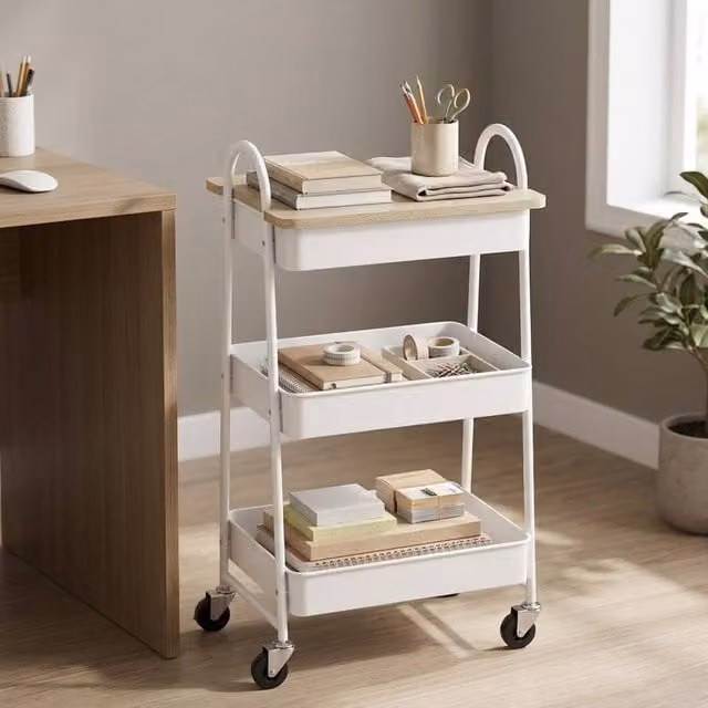 STILVORA 3-Tier Metal Storage Trolley with Wheels and Top Board in White – 1