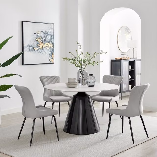 FurnitureboxUK Nina Round Dining Table with White Marble Ceramic Top and 4 Light Grey Nora Chairs