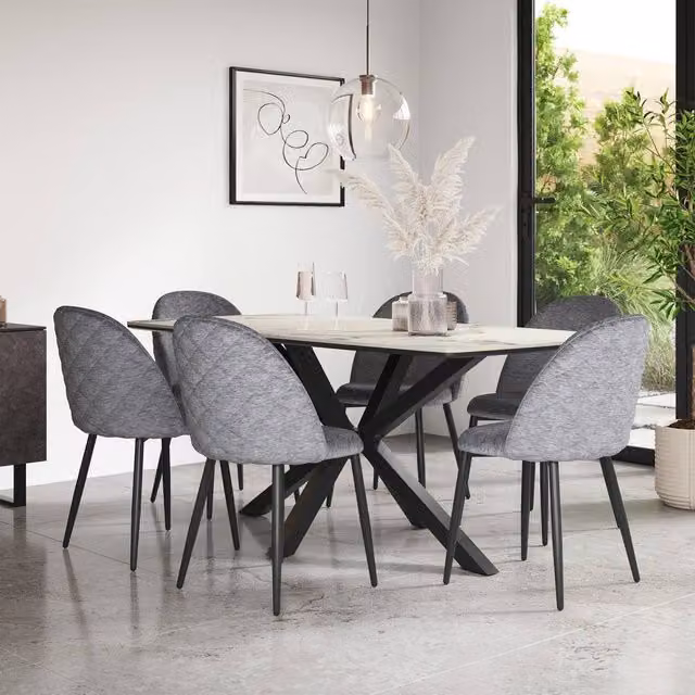 More4Homes Juno Calcutta Gold Ceramic Rectangular Dining Table and 8 Raye Grey Velvet Chairs – 1