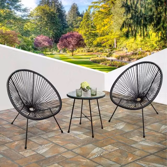 RayGar 3-Piece Bistro Egg Designer String Chair Garden Set in Black