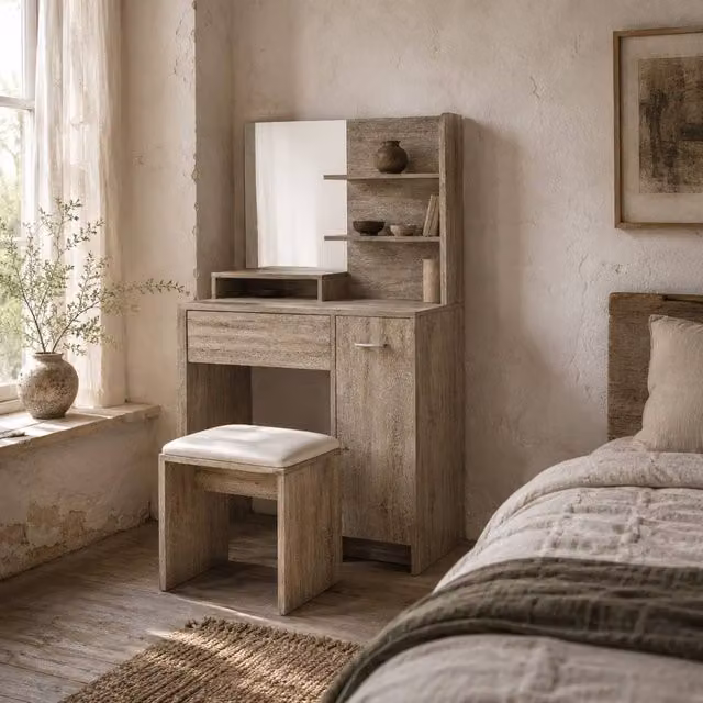 Wyld Haus Marini Wood Effect Dressing Table and Padded Stool with Storage in Brown and Sand
