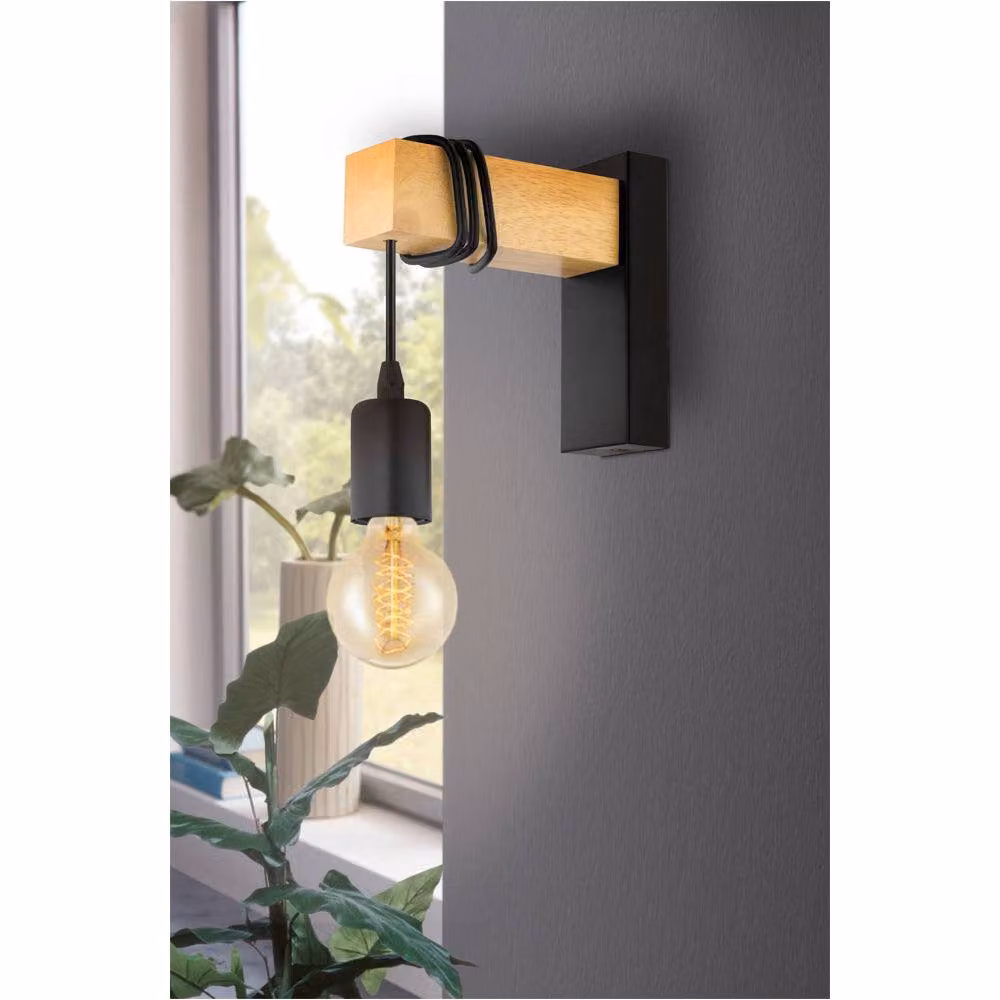 Loops 2 Pack Modern LED Wall Lights in Black and Brown with Wood and Glass Details – 3