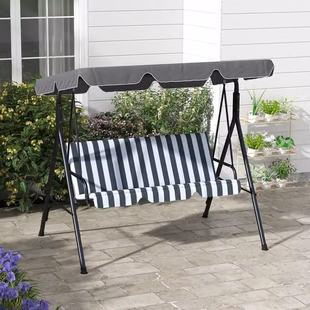 Outsunny 3 Seater Swing Chair with Adjustable Canopy and Cushions, Grey and White Striped