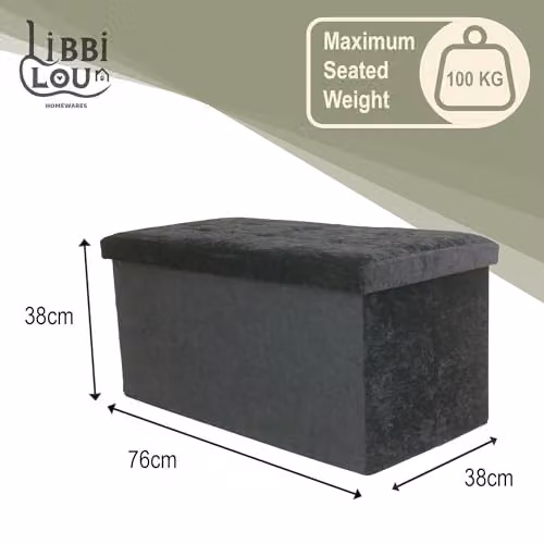 Libbi Lou Velvet Foldable Footstool and Ottoman Storage Box, Black, W/D/H: 76 x 38 x 38 cm – 2