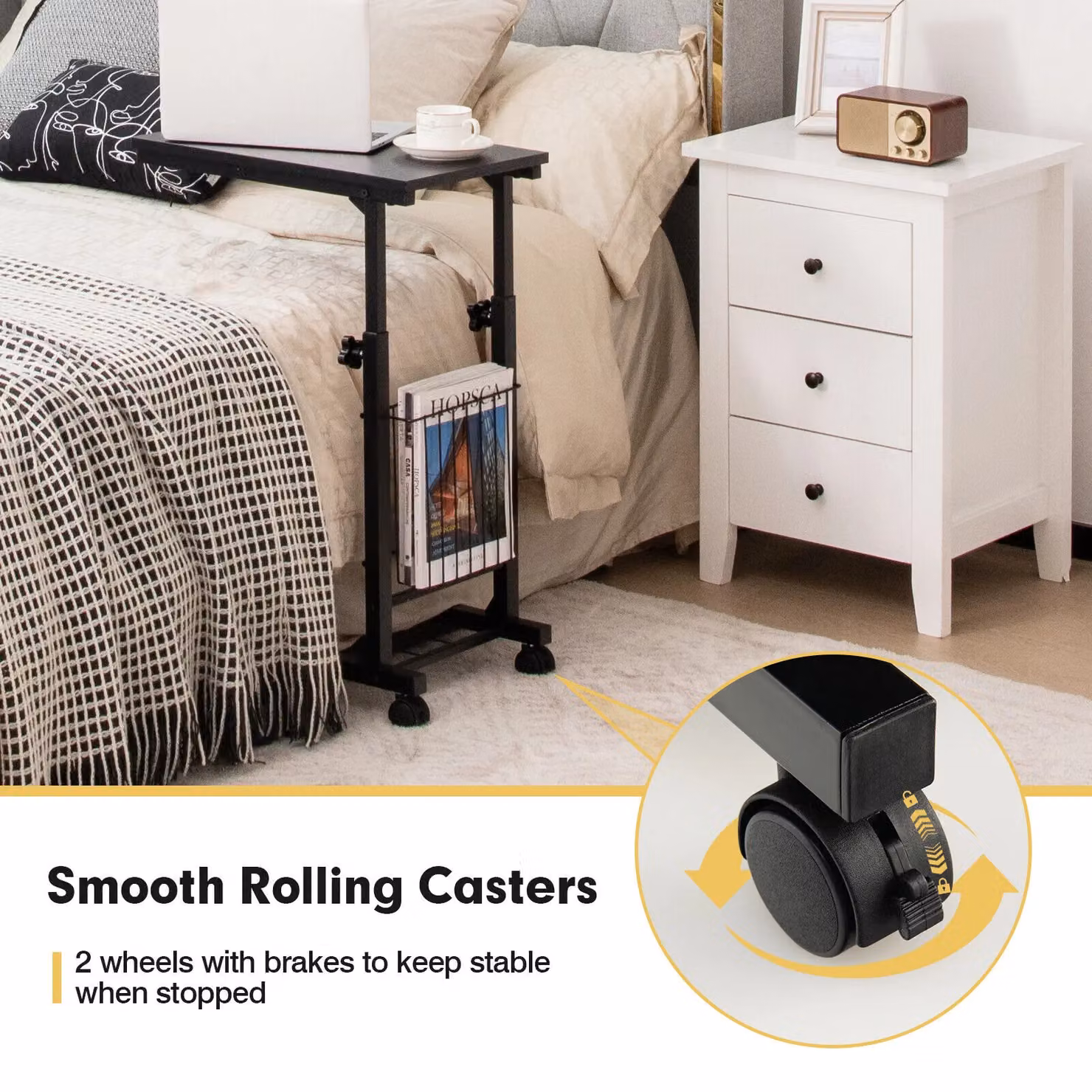 Costway Brown C-shaped Rolling Sofa Side Table with Adjustable Height and Castors – 6