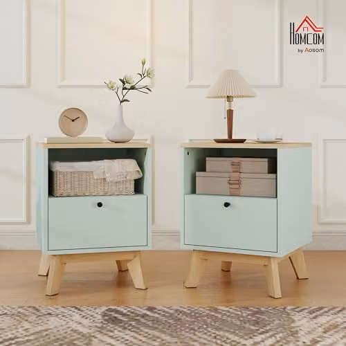 HOMCOM Modern Nightstand Set of 2 with Drawer and Open Shelf, Light Green, W/D/H: 40 x 40 x 55 cm – 2