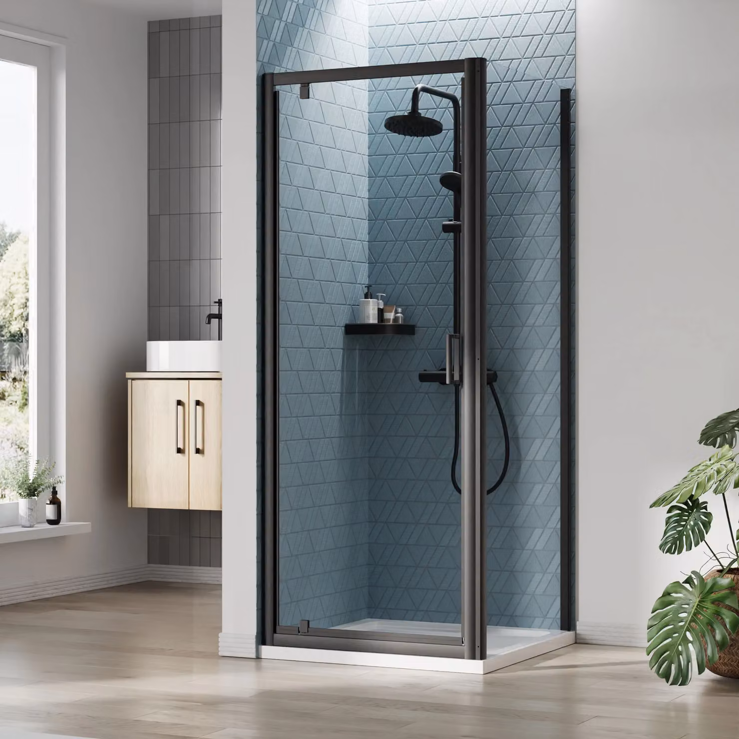 Balterley Ruwa Black Pivot Corner Shower Suite with 6mm Glass and Tray, W/D: 800 x 800 mm – 2