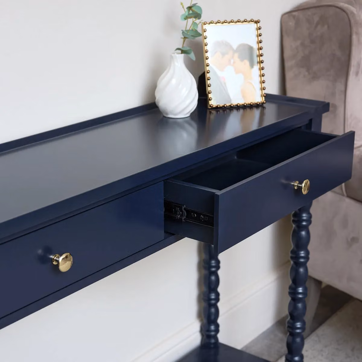 Melody Maison Navy Blue Bobble 2 Drawer Console Table with Gold Details, W: 110 cm, H: 78 cm, D: 78 cm – 3