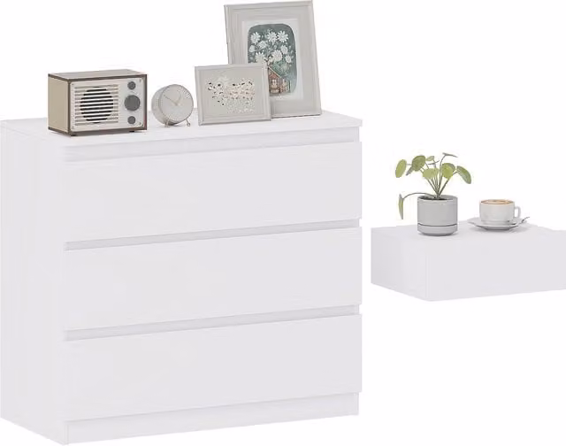 HOMCOM White Wall-Mounted Floating Chest of Drawers with 3 Drawers
