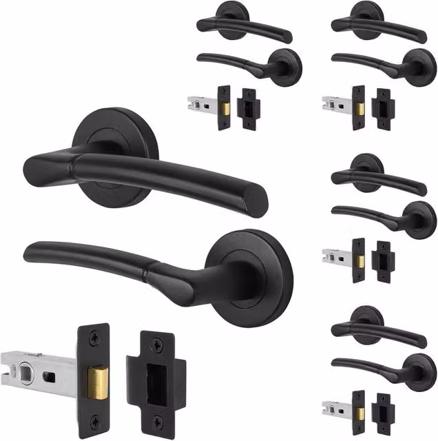 AFIT Matt Black Round Rose Internal Lever Door Handle with Latch, 5 Pairs, W/D/H: 15 x 15 x 6 cm – 1