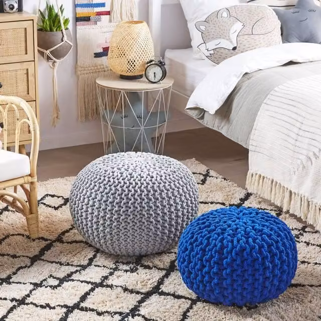 Wyld and Coco Knitted Round Cotton Pouffe, Grey, W/D/H: 50 x 50 x 35 cm – 1