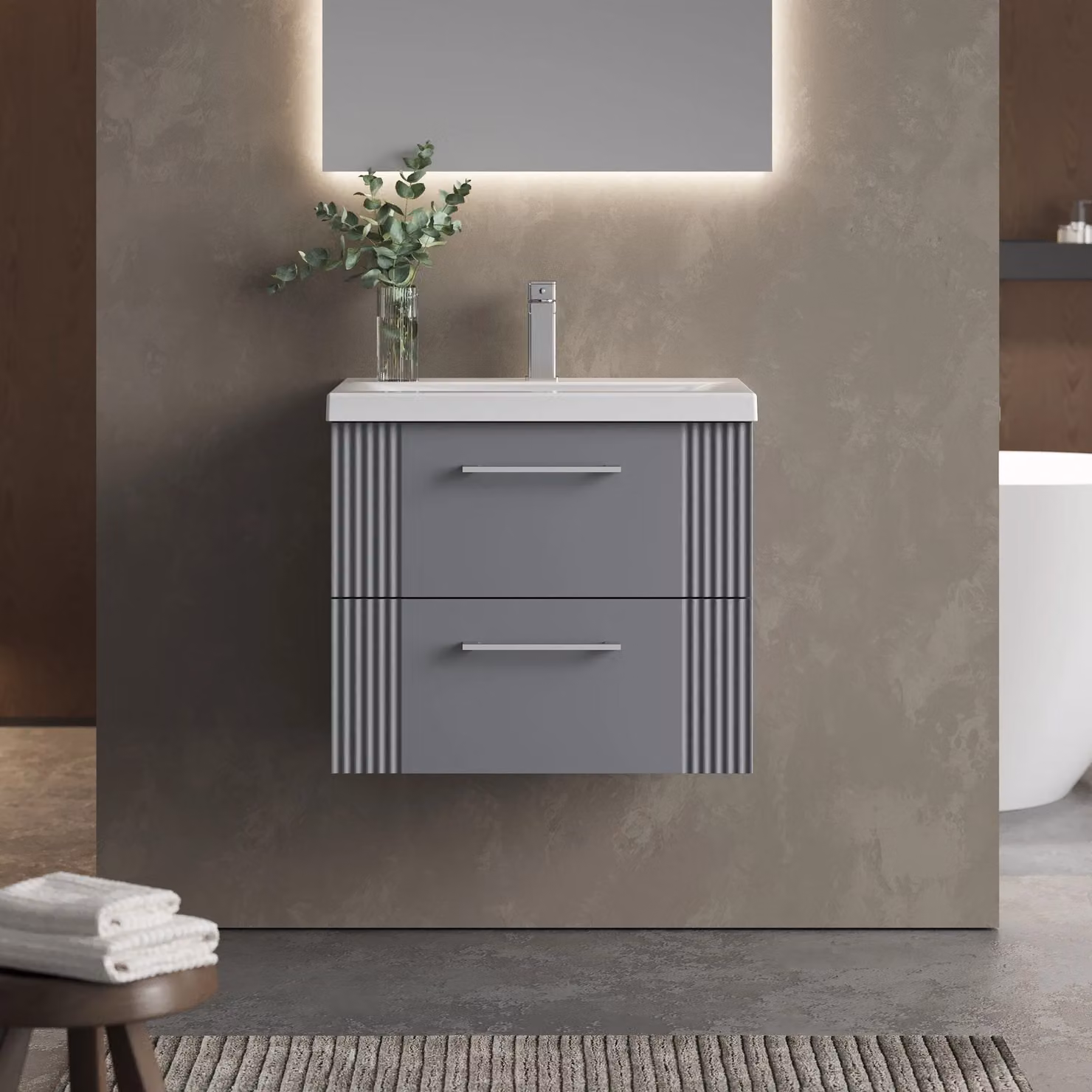 Balterley Wall Hung 2 Drawer Vanity Unit with Mid-Edge Basin, Satin Grey, W: 60 cm, D: 54 cm, H: 60 cm – 2