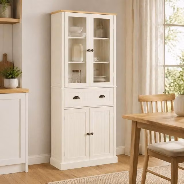STILVORA Freestanding Tall Kitchen Cupboard with Glass Doors and Internal Shelves in Beige and White