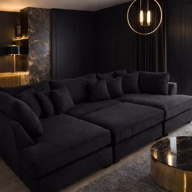 Home & Love Carnaby Cinema U-Shape Corner Sofa in Naples Black with Matching Ottoman and Scatter Cushions