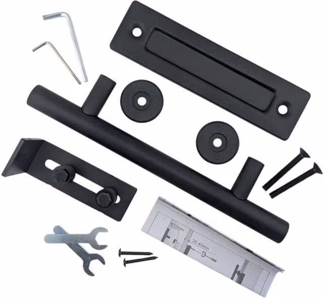 OKODOKO Sliding Barn Door Handle and Adjustable Roller Floor Guide Set in Matt Black and Silver Steel