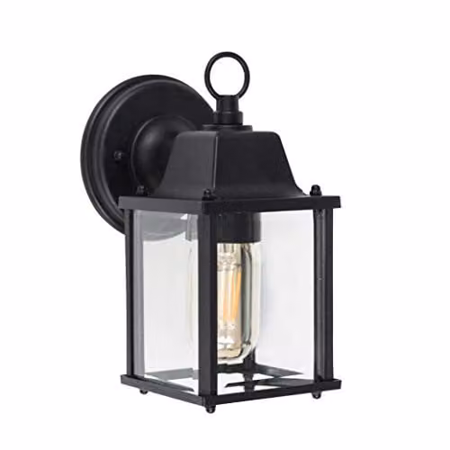 MiniSun Modern Black Metal and Glass Outdoor Security Wall Light Lantern with Warm White LED Bulb, IP23 Rated
