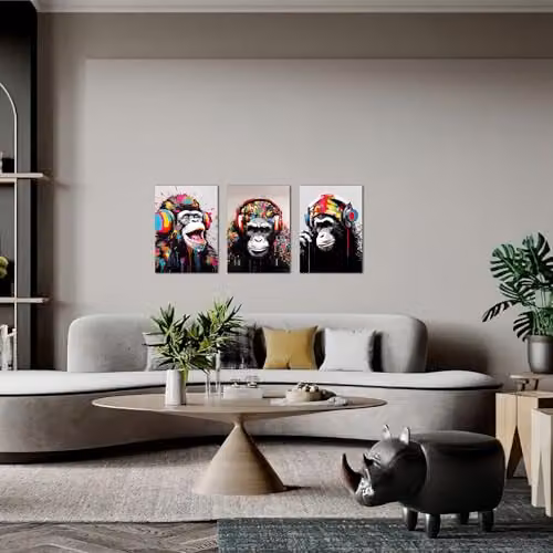 Simpa Headphone Apes 3 Panel Canvas Wall Art, Multicolour Modern Animal Illustration for Home and Office Decor – 3