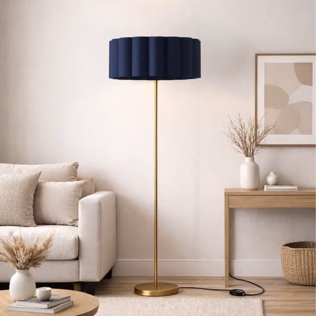 CGC Lena Brushed Gold Straight Floor Lamp with Large Scalloped Navy Fabric Lampshade, Height: 163 cm, Shade Diameter: 48 cm