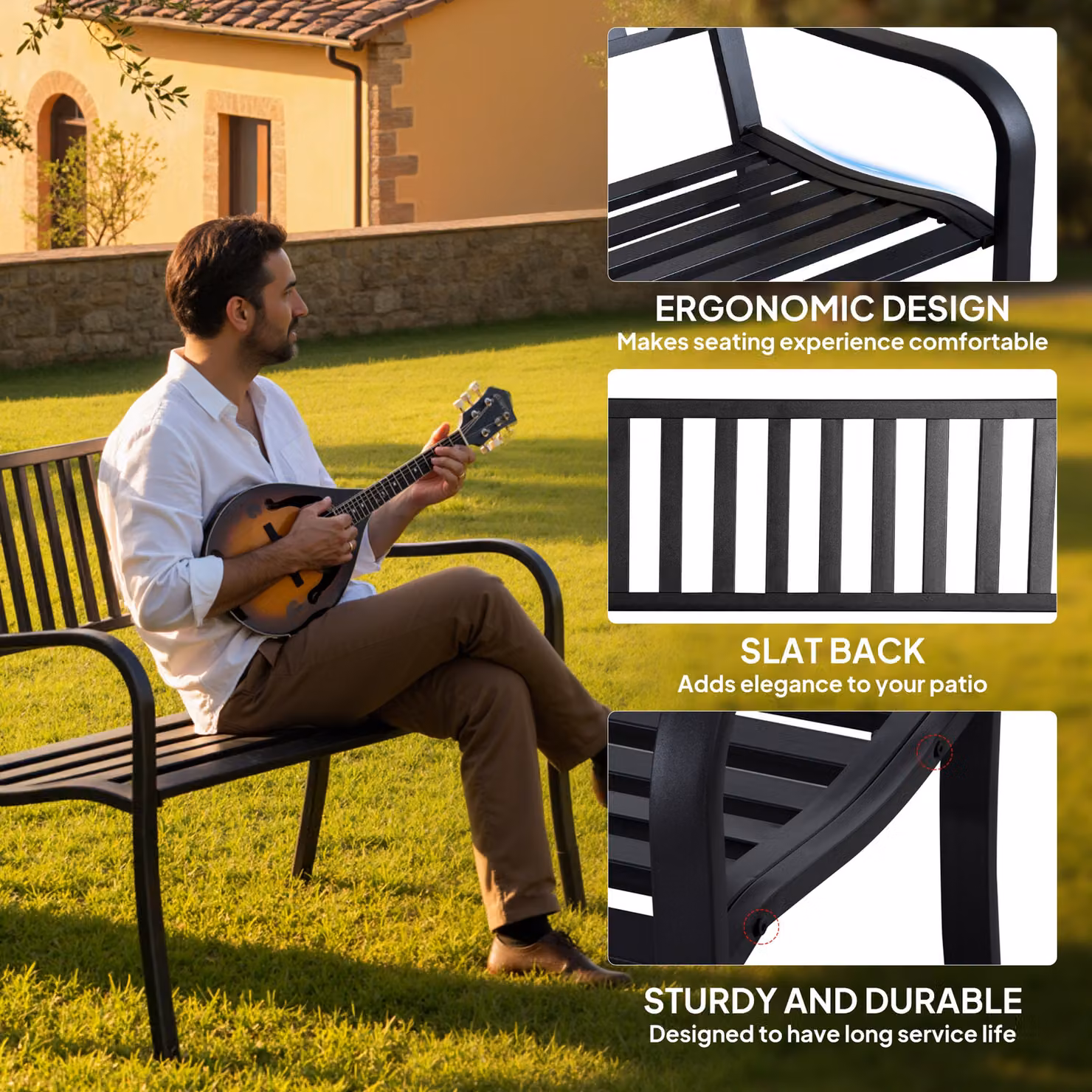 Outsunny Metal Garden Bench Loveseat with Slatted Seat, Black – 5