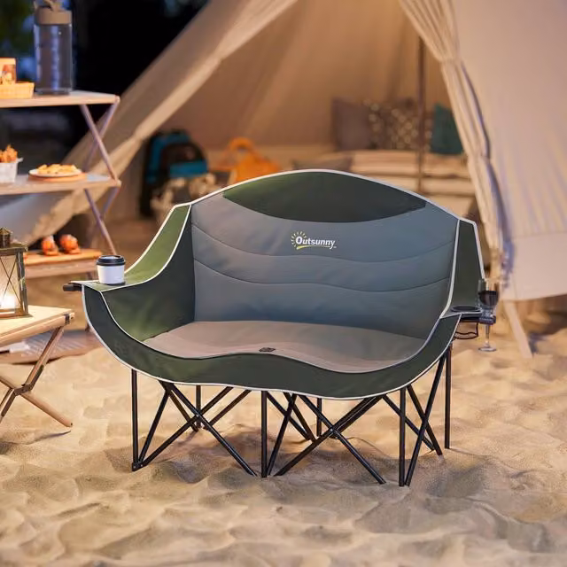 OUTSUNNY Double Camping Chair for Adults with Armrests and Cup Holders, Green – 1