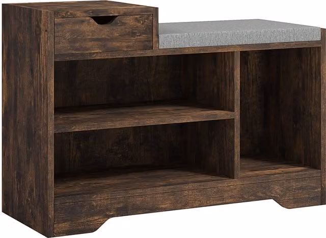 HOMCOM Multi-Compartment Upholstered Shoe Storage Bench with Drawer and 3 Open Shelves in Rustic Brown – 1
