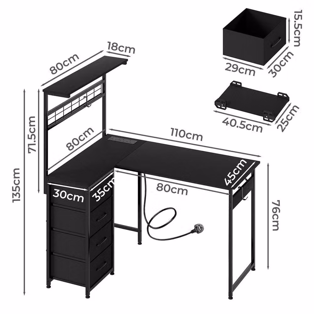 Levede L-Shaped Gaming Desk with LED and Power Socket in Black – 4