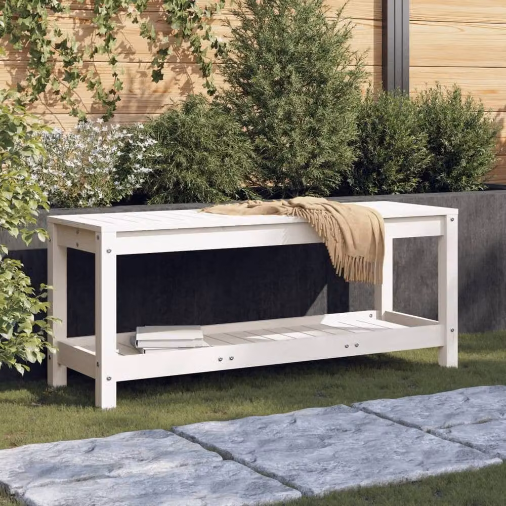 Berkfield Home Beautiful Garden Bench in White Solid Pine Wood, W/D/H: 108 x 35 x 45 cm – 2
