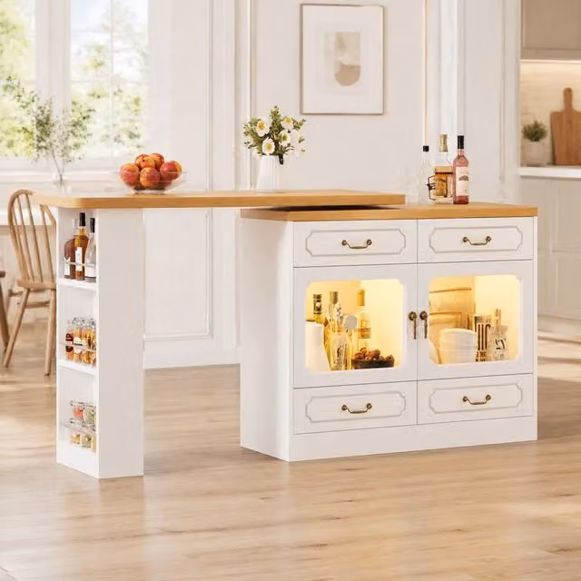 STILVORA White Rotating Bar Table with LED Lights and Storage